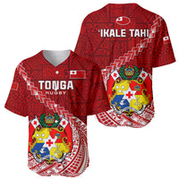 Red rugby baseball jersey front and back, TONGA and IKALE TAHI text with crest