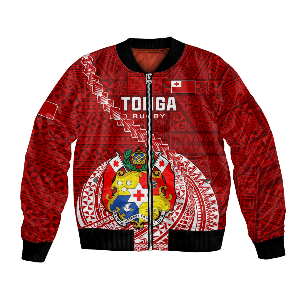 Red patterned bomber jacket with zip front, ribbed cuffs and large crest graphic