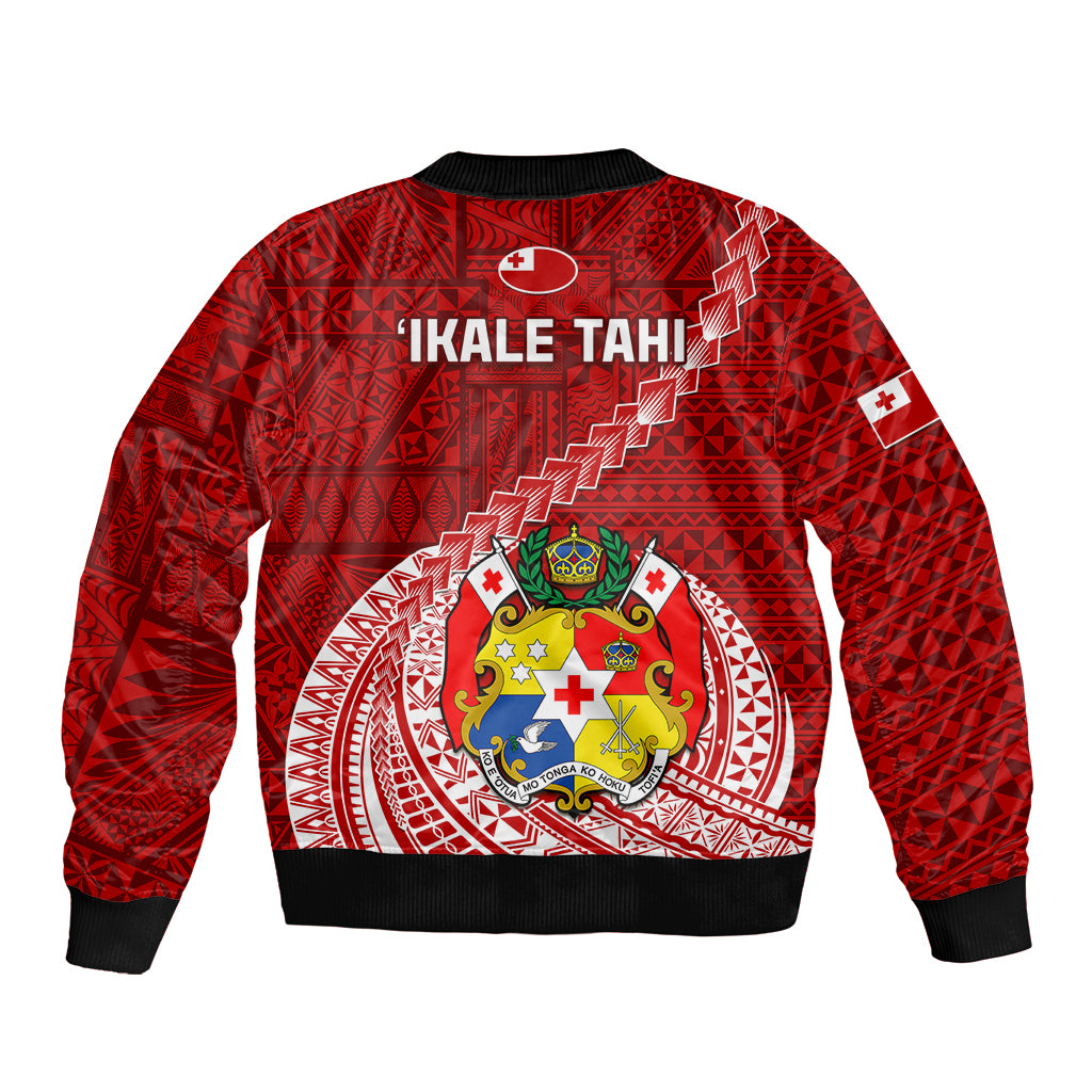Red patterned bomber jacket with ribbed cuffs and large crest graphic on back