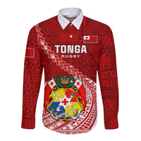 Red long-sleeve rugby button shirt with Tongan pattern and large crest graphic