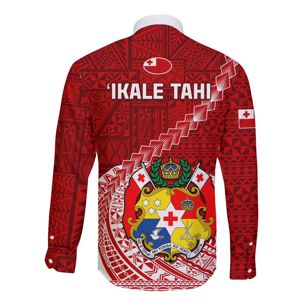 Red long-sleeve rugby button shirt with back Tongan pattern, crest and cross details