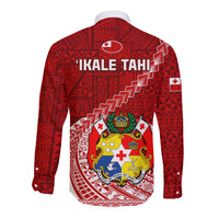 Red long-sleeve rugby button shirt with back Tongan pattern, crest and cross details