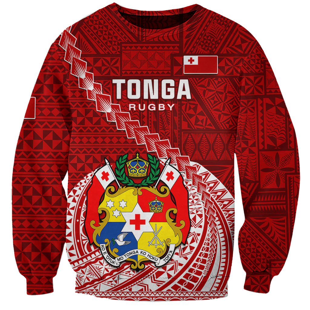 Red rugby sweatshirt with tribal Ngatu pattern and Tonga Rugby crest graphic