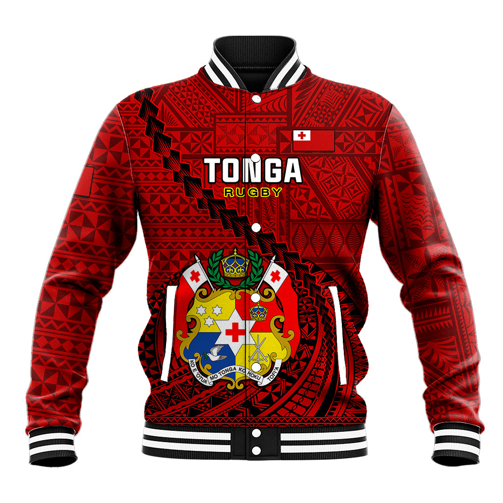 Red Tonga rugby baseball jacket with ribbed striped collar, snap buttons, and crest graphic
