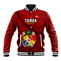 Red Tonga rugby baseball jacket with ribbed striped collar, snap buttons, and crest graphic