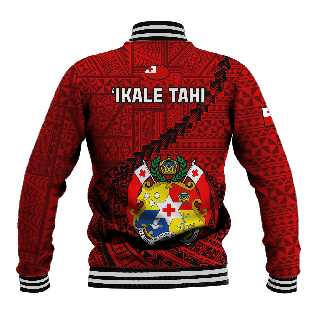 Red Tonga rugby baseball jacket back with 'IKALE TAHI' text, crest graphic, striped cuffs