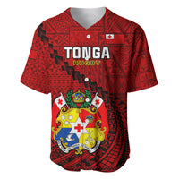 Red rugby baseball jersey with 'TONGA RUGBY' logo and crest