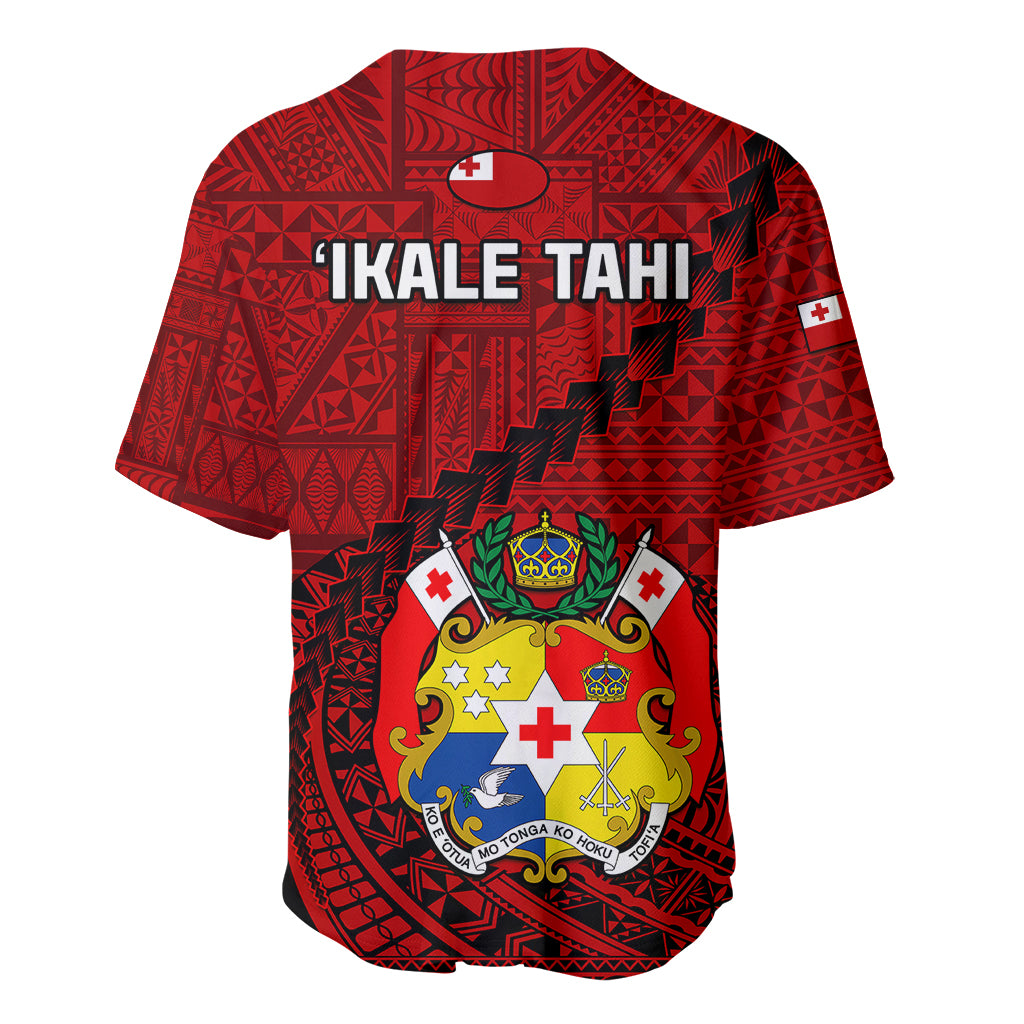 Red rugby baseball jersey back with 'IKALE TAHI' text and crest emblem