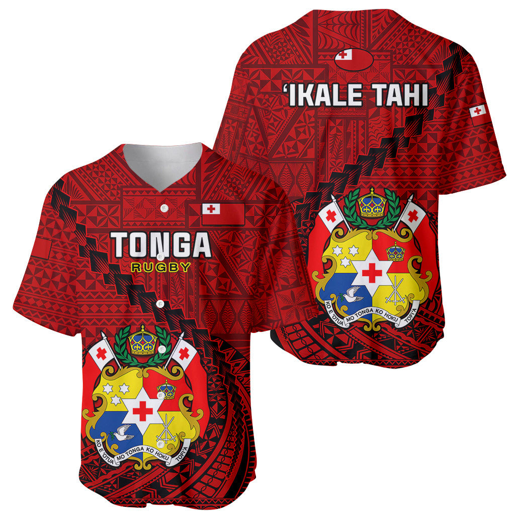 Red rugby baseball jersey front and back with crest and 'TONGA RUGBY' / 'IKALE TAHI'