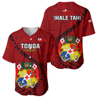 Red rugby baseball jersey front and back with crest and 'TONGA RUGBY' / 'IKALE TAHI'