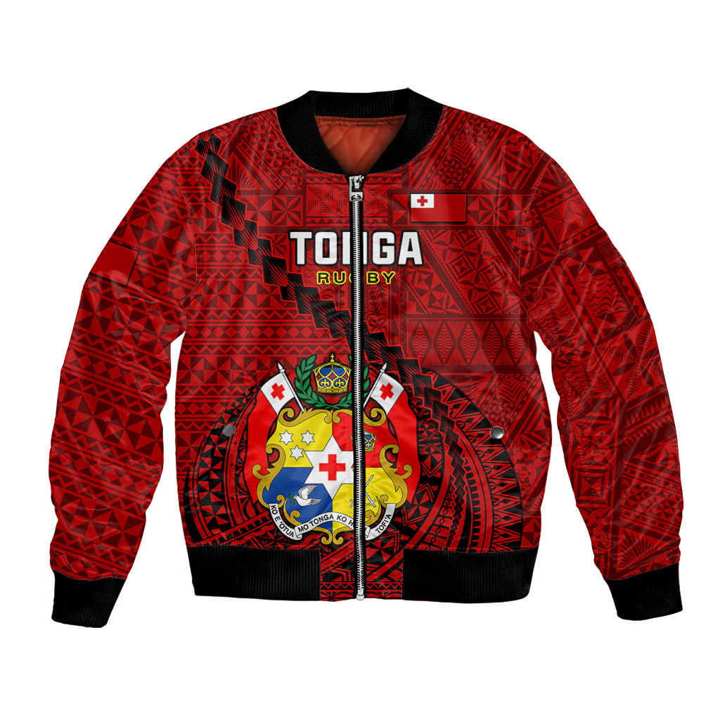 Red bomber jacket with front zipper and large crest graphic, black ribbed cuffs.