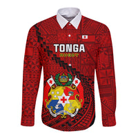 Red Tonga rugby long sleeve button shirt, front crest, geometric pattern, white collar