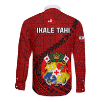 Red rugby long sleeve button shirt, back crest with 'IKALE TAHI' and geometric pattern