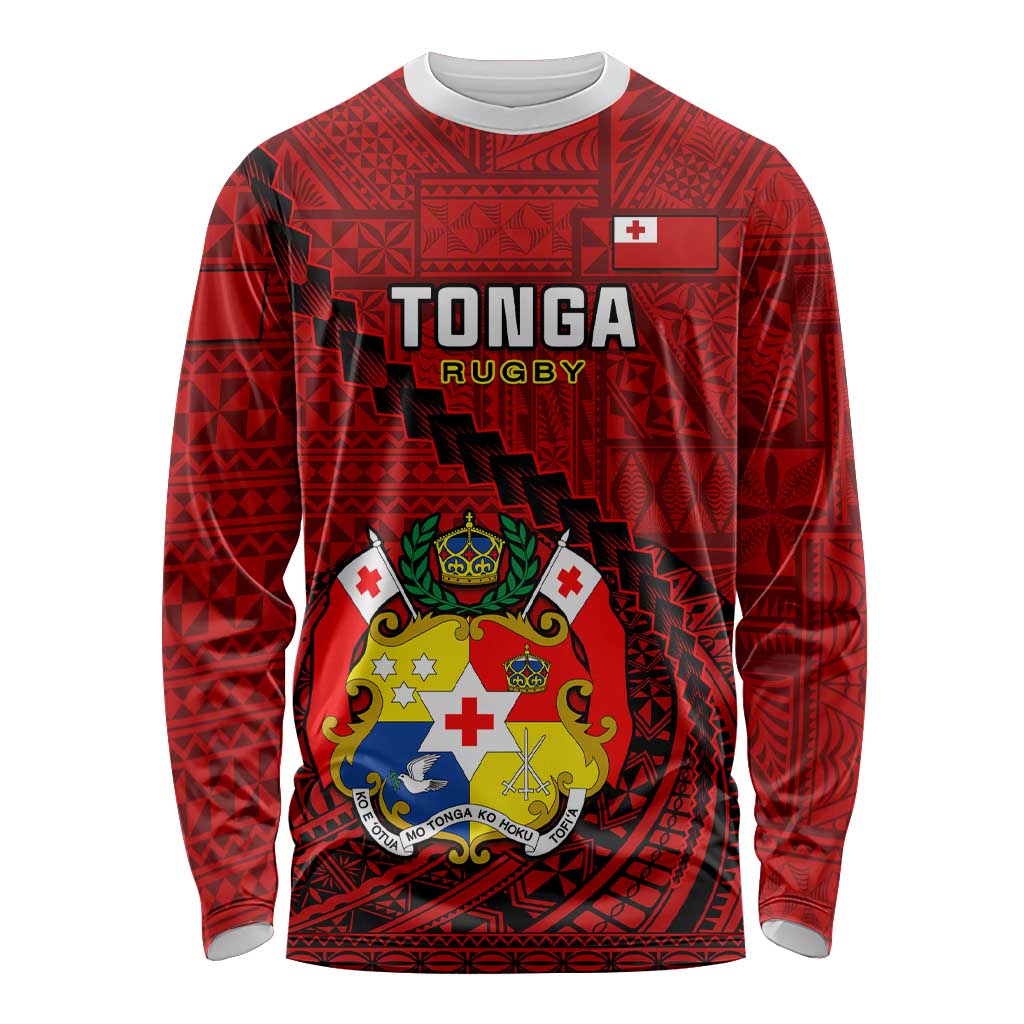 Red Tonga rugby long-sleeve shirt with geometric pattern and crest graphic