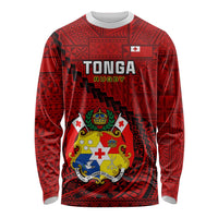 Red Tonga rugby long-sleeve shirt with geometric pattern and crest graphic