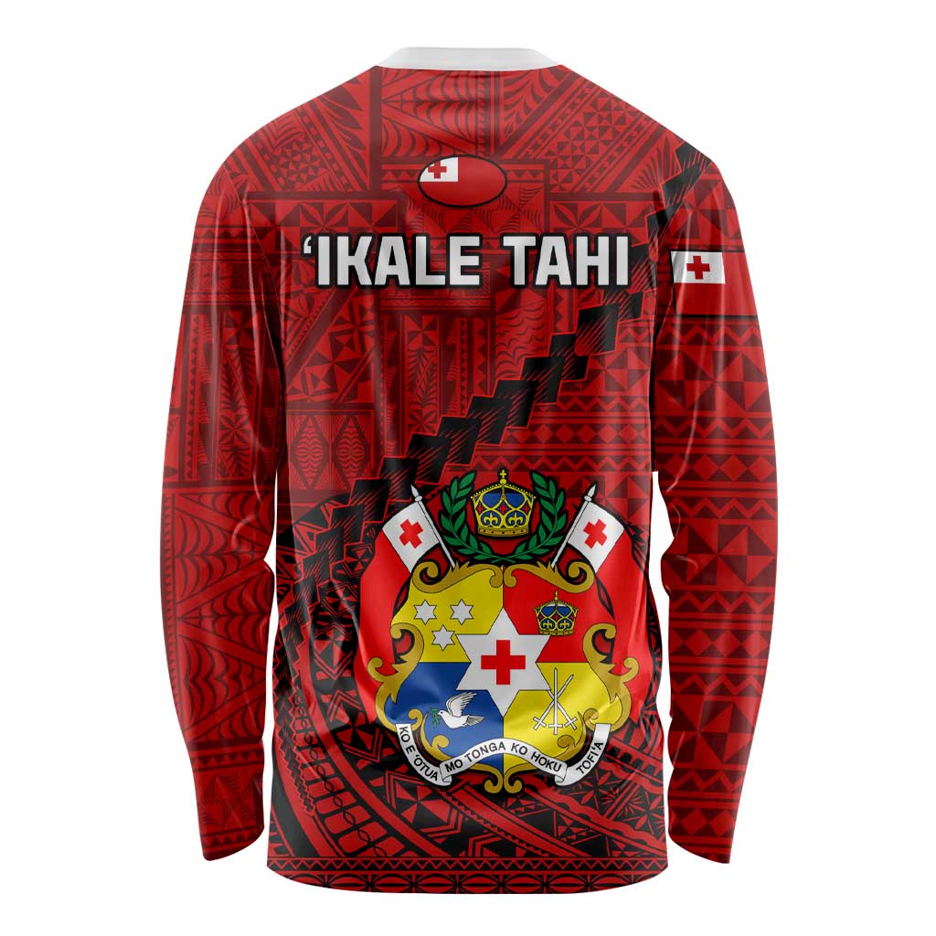 Red rugby long-sleeve shirt back with 'I'KALE TAHI' text and crest emblem