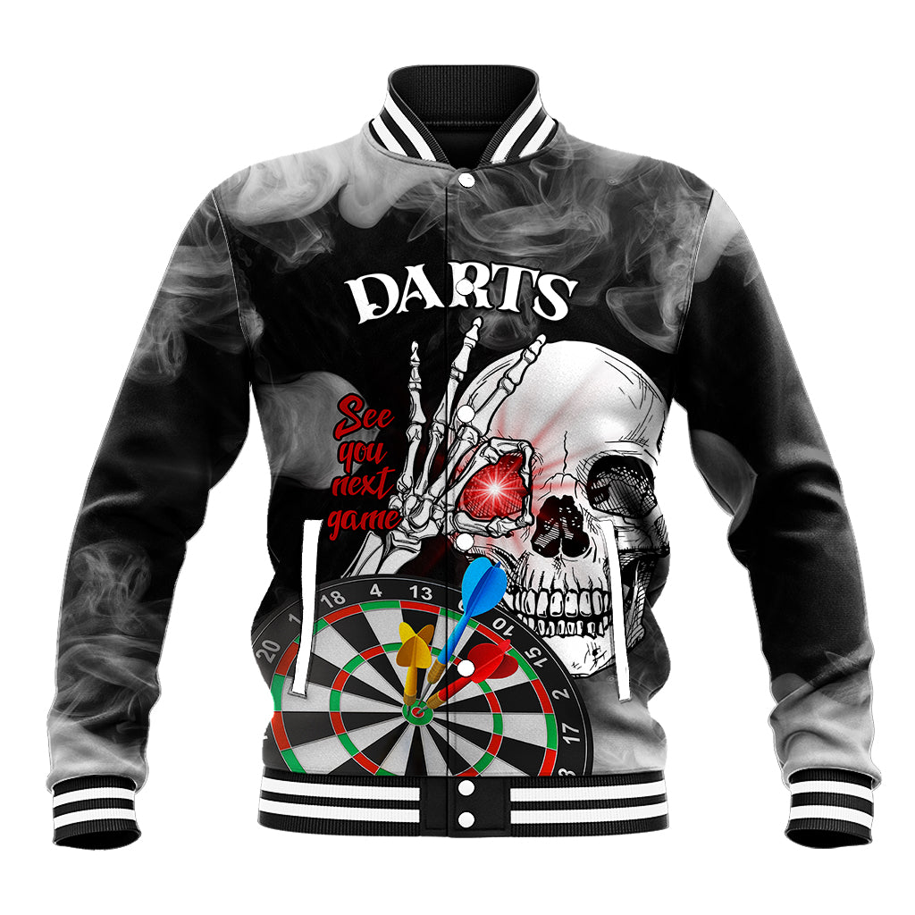 Black skull darts baseball jacket, ribbed collar and cuffs, front graphic with darts board