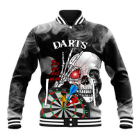 Black skull darts baseball jacket, ribbed collar and cuffs, front graphic with darts board
