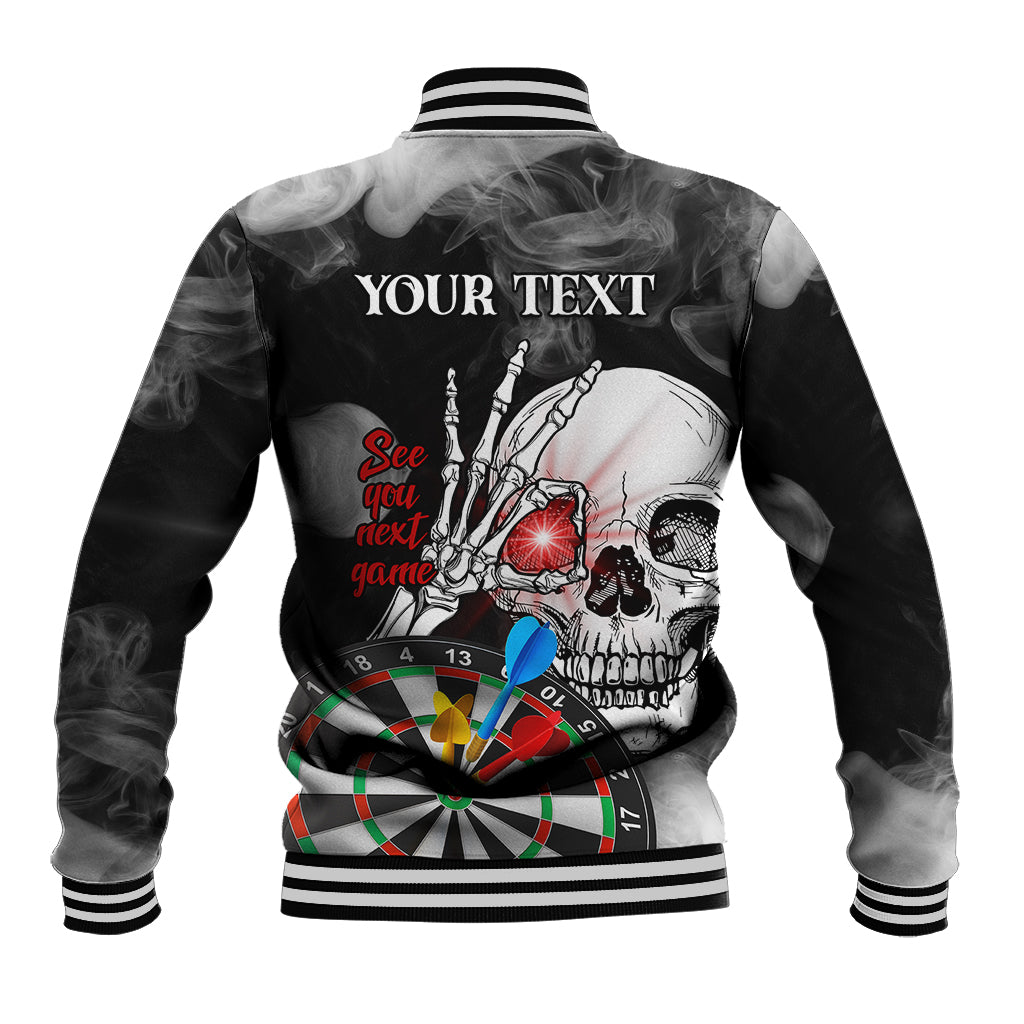 Black skull darts baseball jacket back view, 'YOUR TEXT' above skull and dartboard graphic