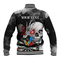 Black skull darts baseball jacket back view, 'YOUR TEXT' above skull and dartboard graphic