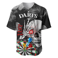 Personalized black darts baseball jersey with skull, dartboard, and "See you next game" print