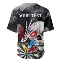 Personalized black darts baseball jersey with skull and dartboard; back reads "YOUR TEXT"