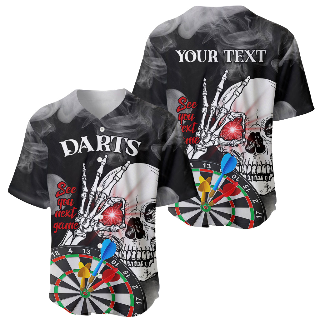 Two personalized black darts baseball jerseys showing front and back skull dartboard prints