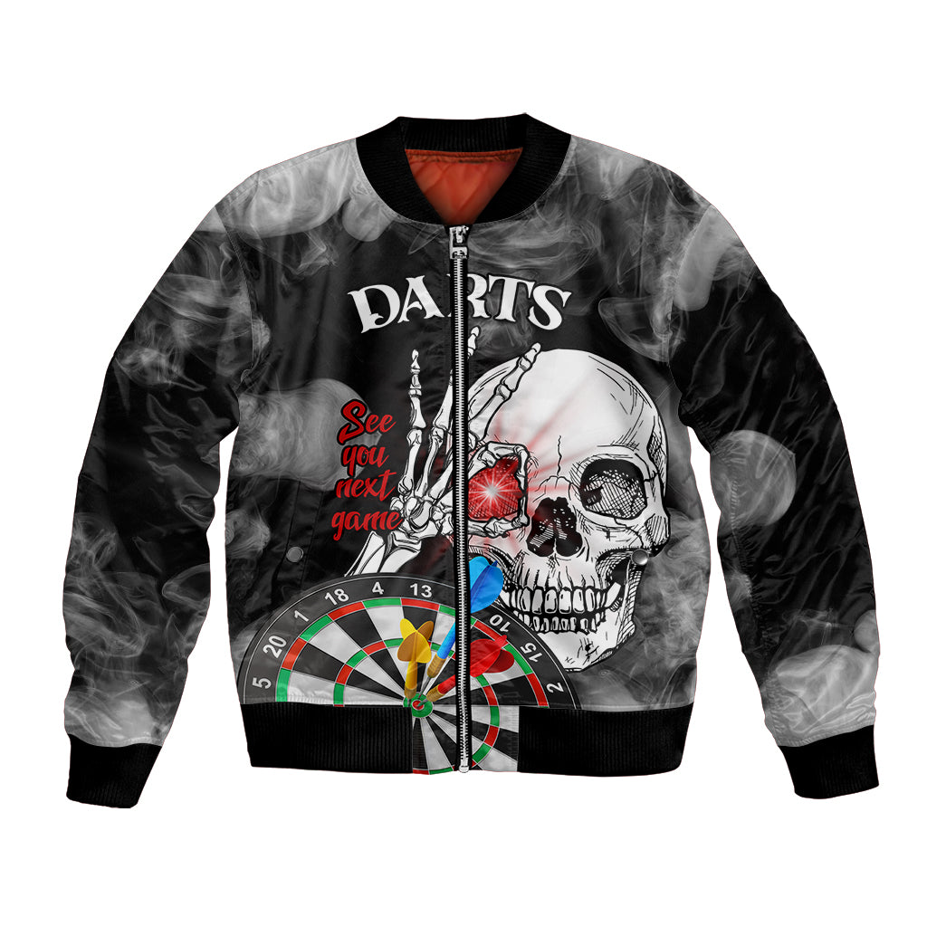 Black bomber jacket with skull, darts board graphic and red 'See you next game' text
