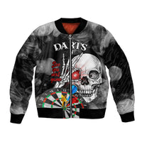 Black bomber jacket with skull, darts board graphic and red 'See you next game' text
