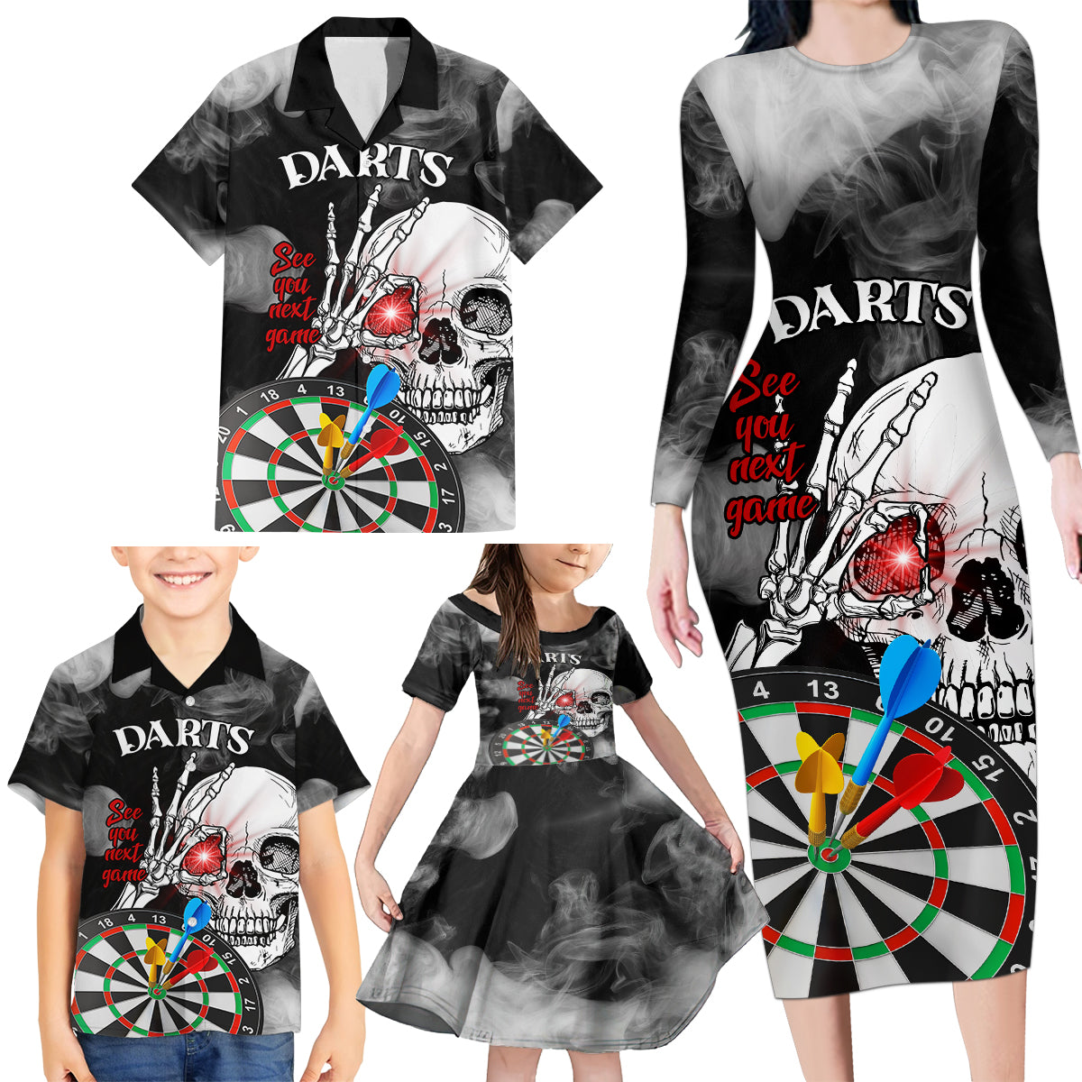 Personalised Skull Darts Family Matching Long Sleeve Bodycon Dress and Hawaiian Shirt See You Next Game - Wonder Print Shop