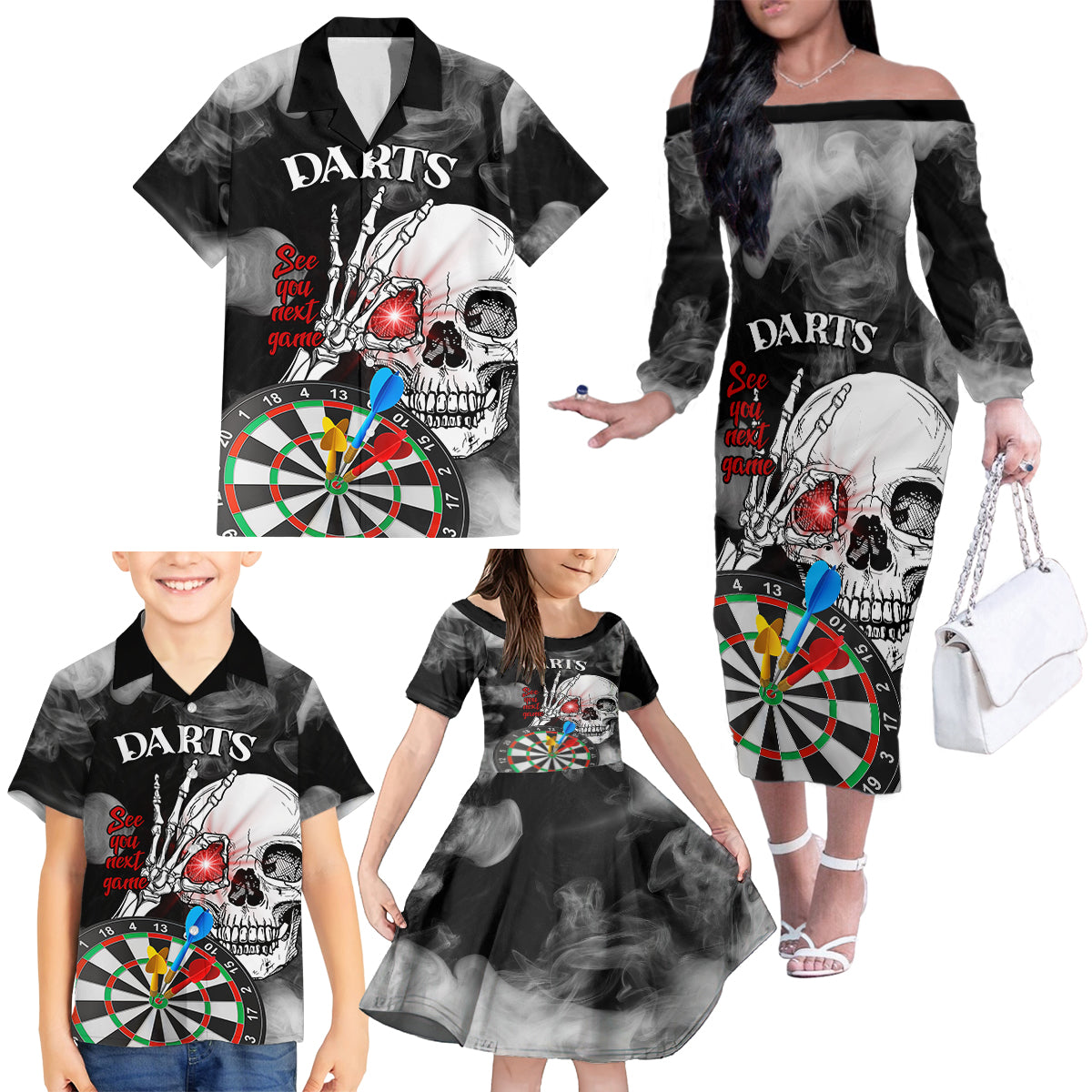 Personalised Skull Darts Family Matching Off Shoulder Long Sleeve Dress and Hawaiian Shirt See You Next Game - Wonder Print Shop