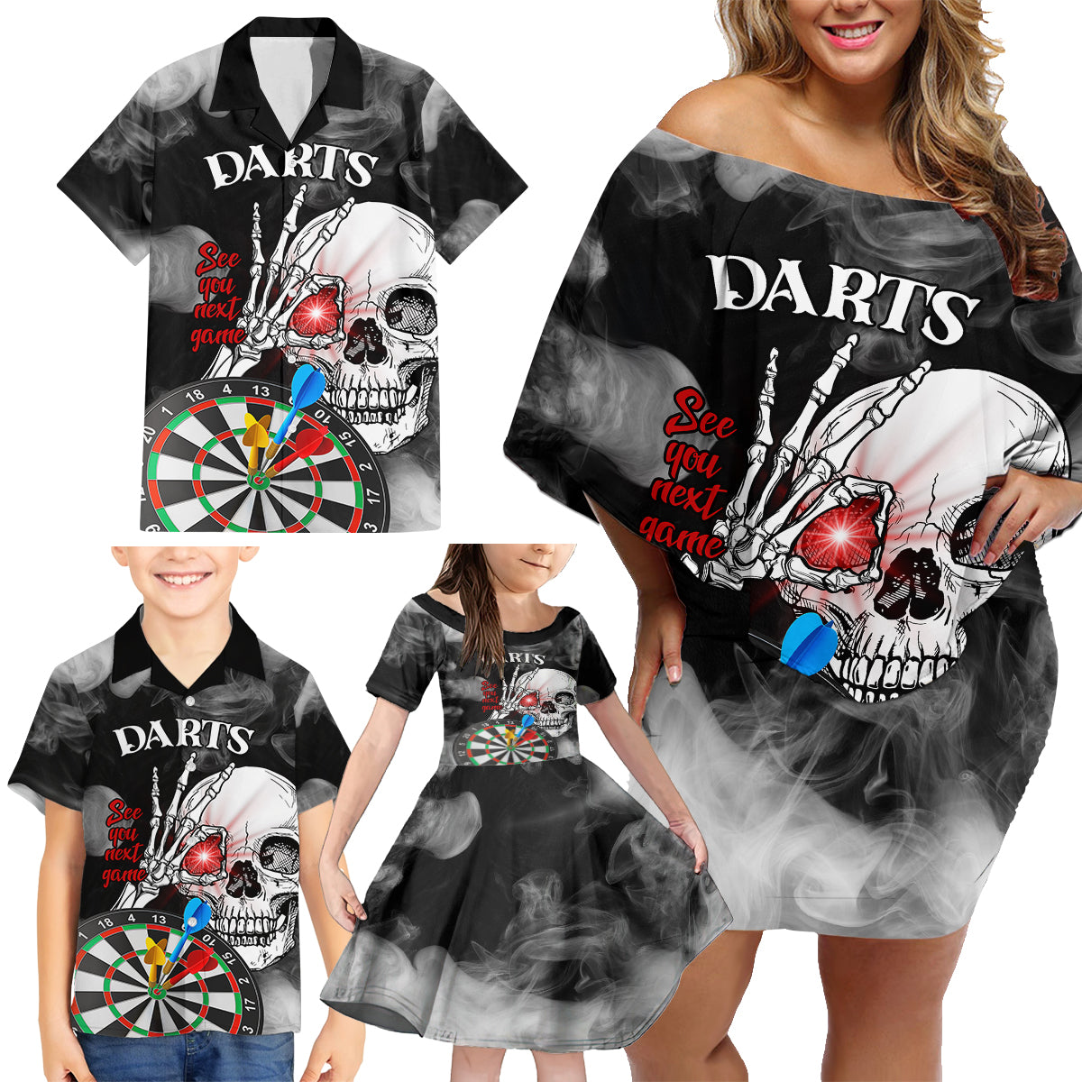 Personalised Skull Darts Family Matching Off Shoulder Short Dress and Hawaiian Shirt See You Next Game - Wonder Print Shop