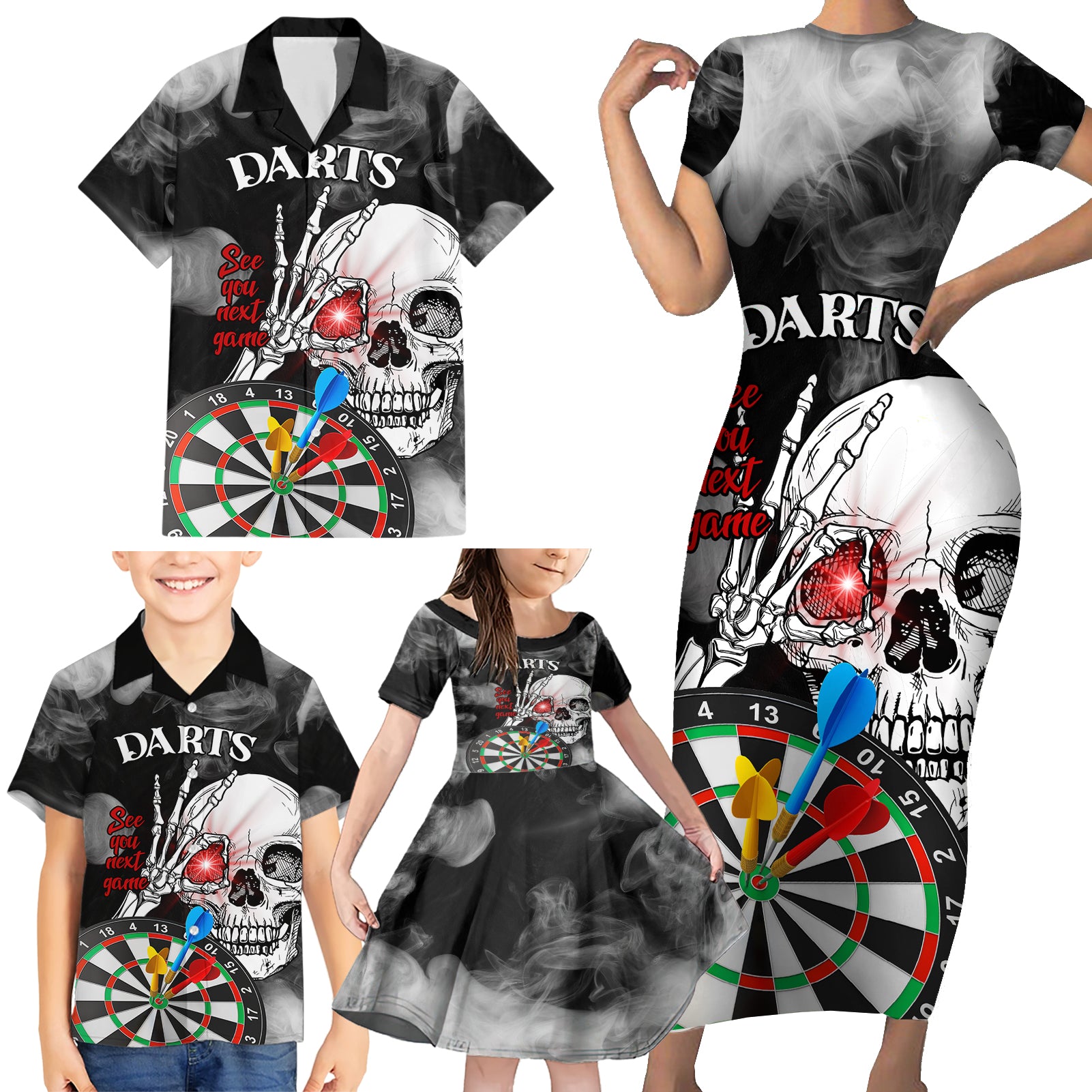 Personalised Skull Darts Family Matching Short Sleeve Bodycon Dress and Hawaiian Shirt See You Next Game - Wonder Print Shop