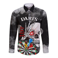 Black long-sleeve button shirt with darts skull graphic, front print