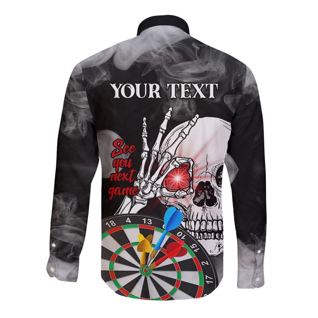 Black long-sleeve button shirt with back darts skull graphic and Your Text