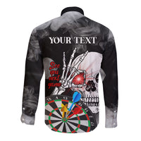 Black long-sleeve button shirt with back darts skull graphic and Your Text