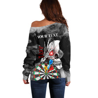 Women’s off-shoulder sweater, dark gray-black, skull darts print with 'YOUR TEXT'