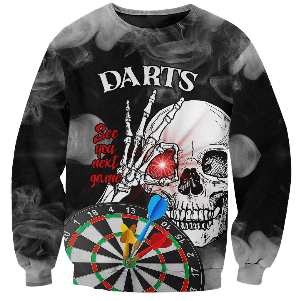 Black crewneck sweatshirt with DARTS skull darts graphic and 'See you next game' text