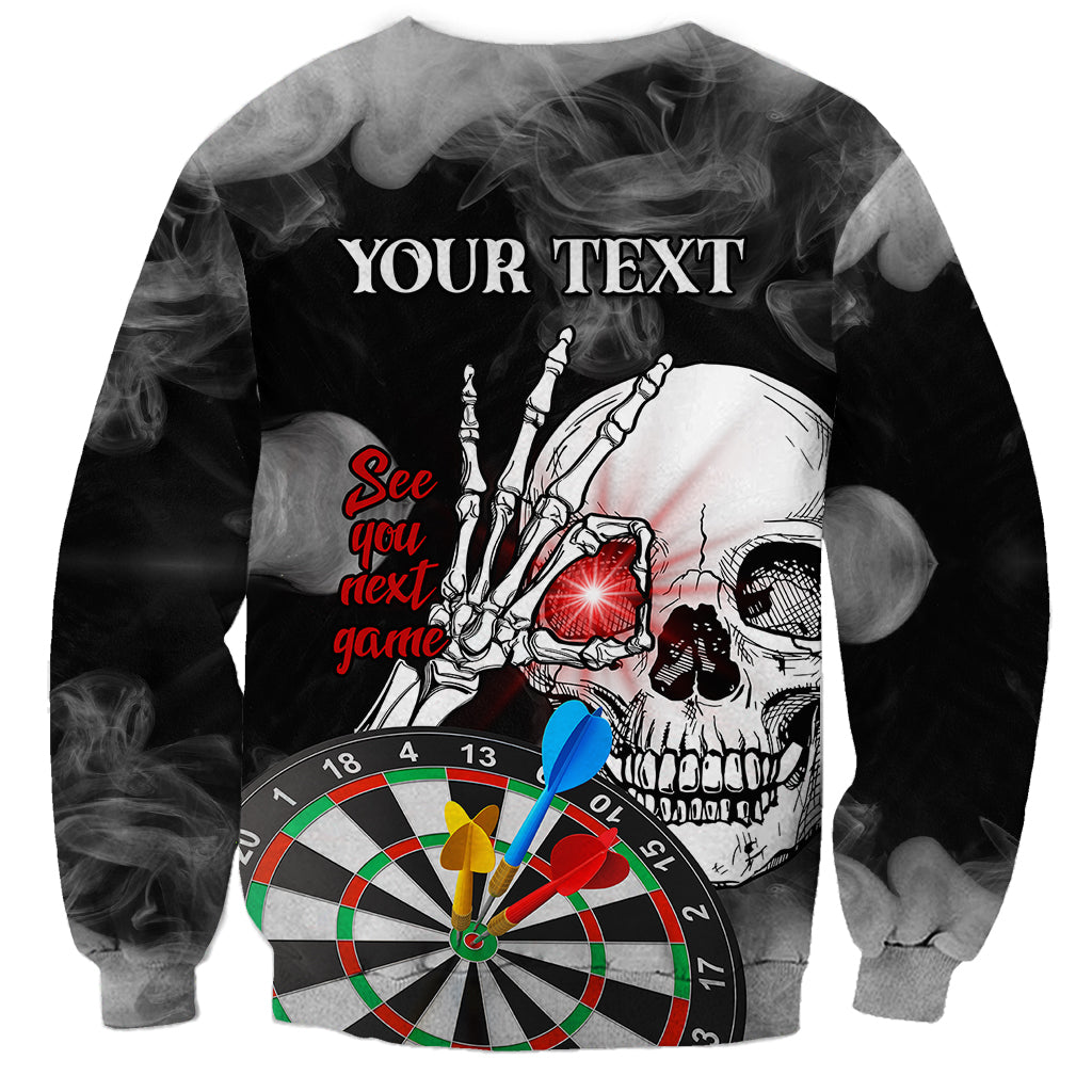 Black crewneck sweatshirt with skull darts graphic, 'YOUR TEXT' and 'See you next game'