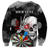 Black crewneck sweatshirt with skull darts graphic, 'YOUR TEXT' and 'See you next game'