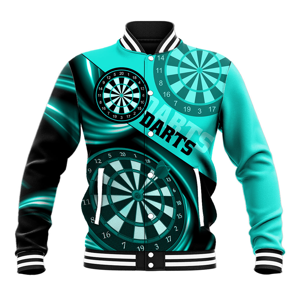 Turquoise darts baseball jacket with dartboard graphic and striped rib collar