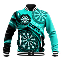 Turquoise darts baseball jacket with dartboard graphic and striped rib collar