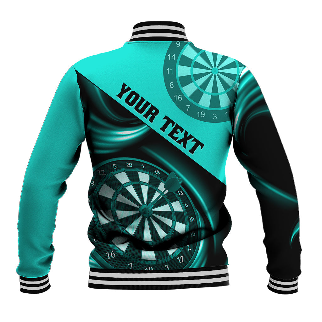 Turquoise darts baseball jacket with striped rib collar and 'YOUR TEXT' print