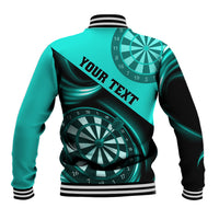 Turquoise darts baseball jacket with striped rib collar and 'YOUR TEXT' print