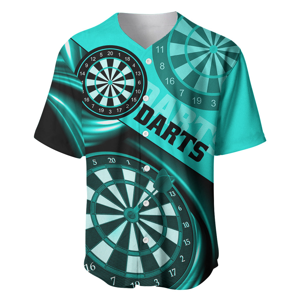 Turquoise darts baseball jersey with abstract dartboard graphics and bold 'DARTS' print