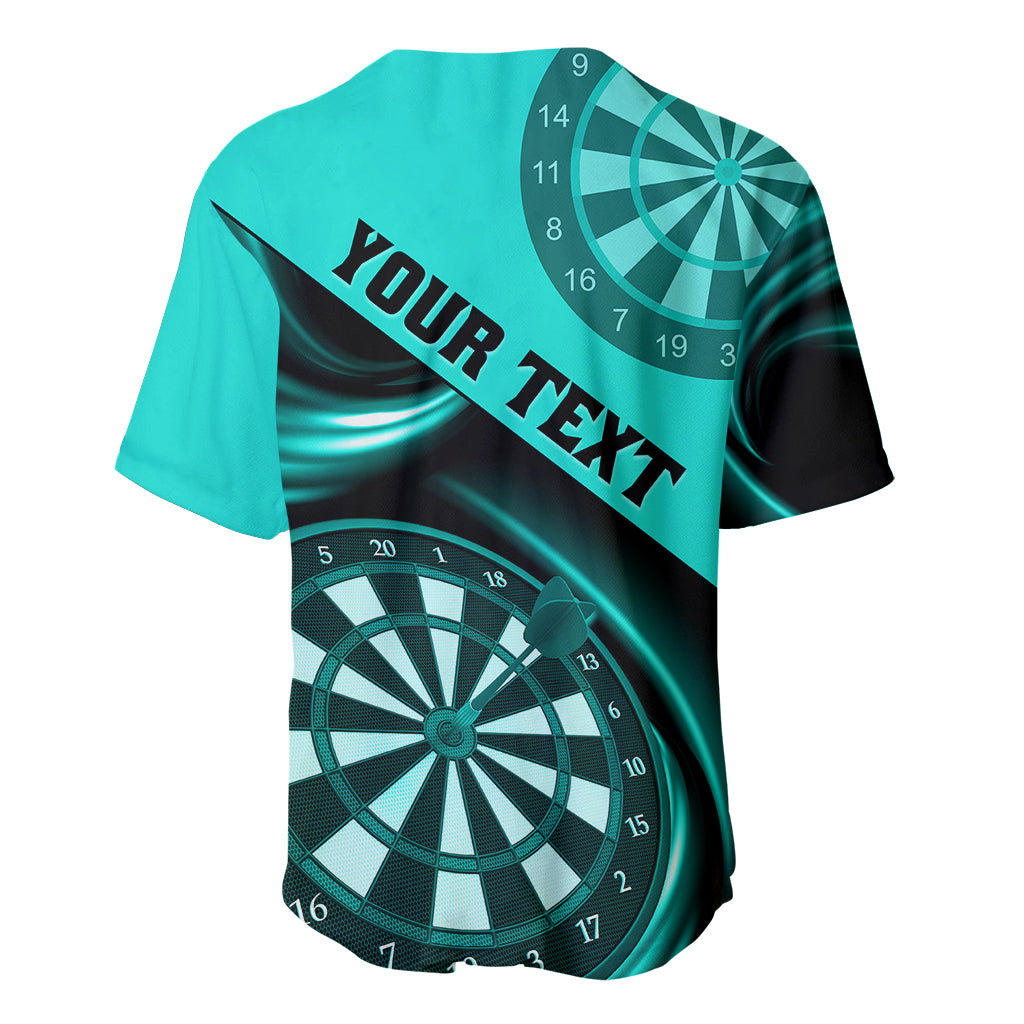 Turquoise darts baseball jersey with abstract dartboard graphics and 'YOUR TEXT' sash