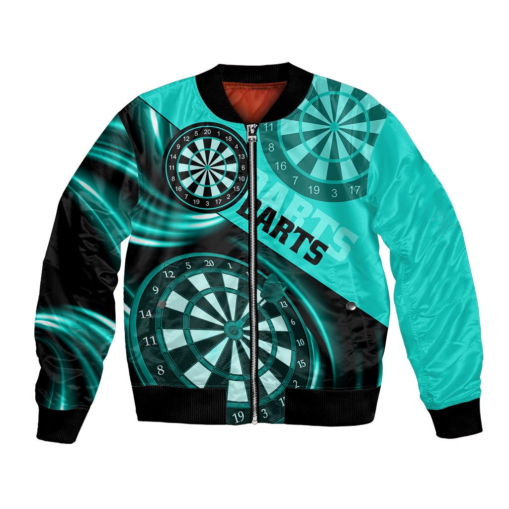 Turquoise abstract darts bomber jacket with black sleeves and ribbed hem