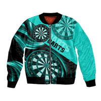 Turquoise abstract darts bomber jacket with black sleeves and ribbed hem