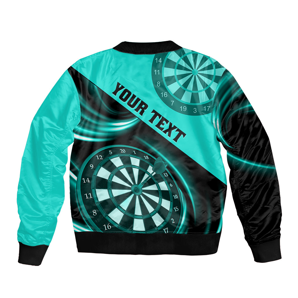 Turquoise bomber jacket with dartboard graphic and diagonal 'YOUR TEXT' band