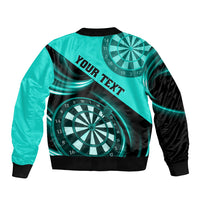 Turquoise bomber jacket with dartboard graphic and diagonal 'YOUR TEXT' band